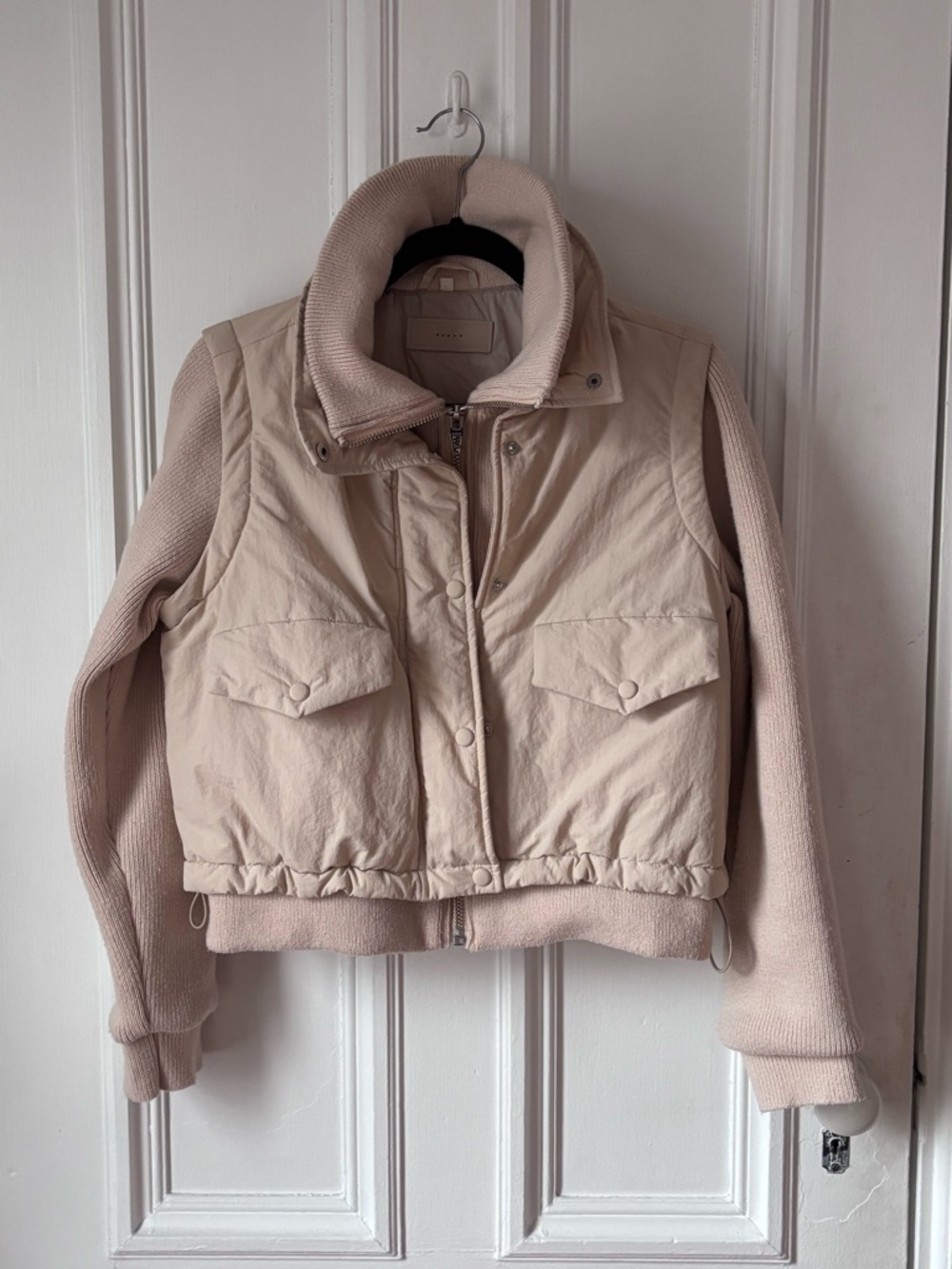 Blank NYC Cream Moto Jacket Knit Sleeve Zip Snap Front Size Small